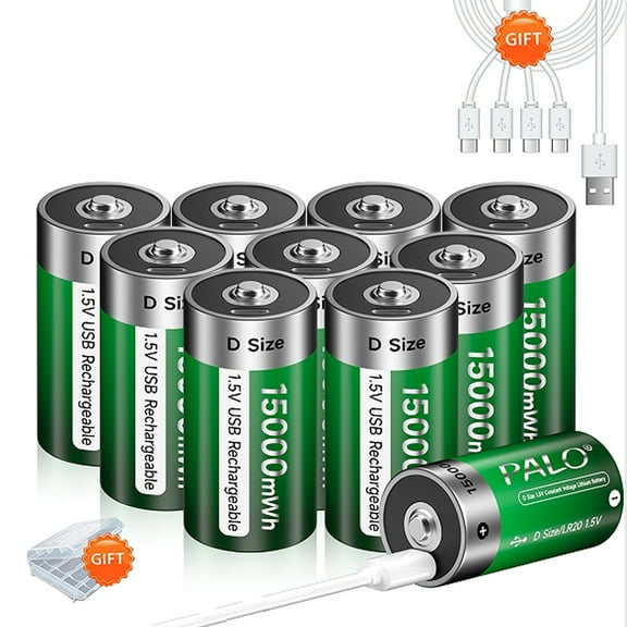 Palogreen Rechargeable D Battery 10-Pack 1.5V Type-C USB D Size Lithium Batteries 15000mWh Long Lasting D Cell Battery with Battery Case