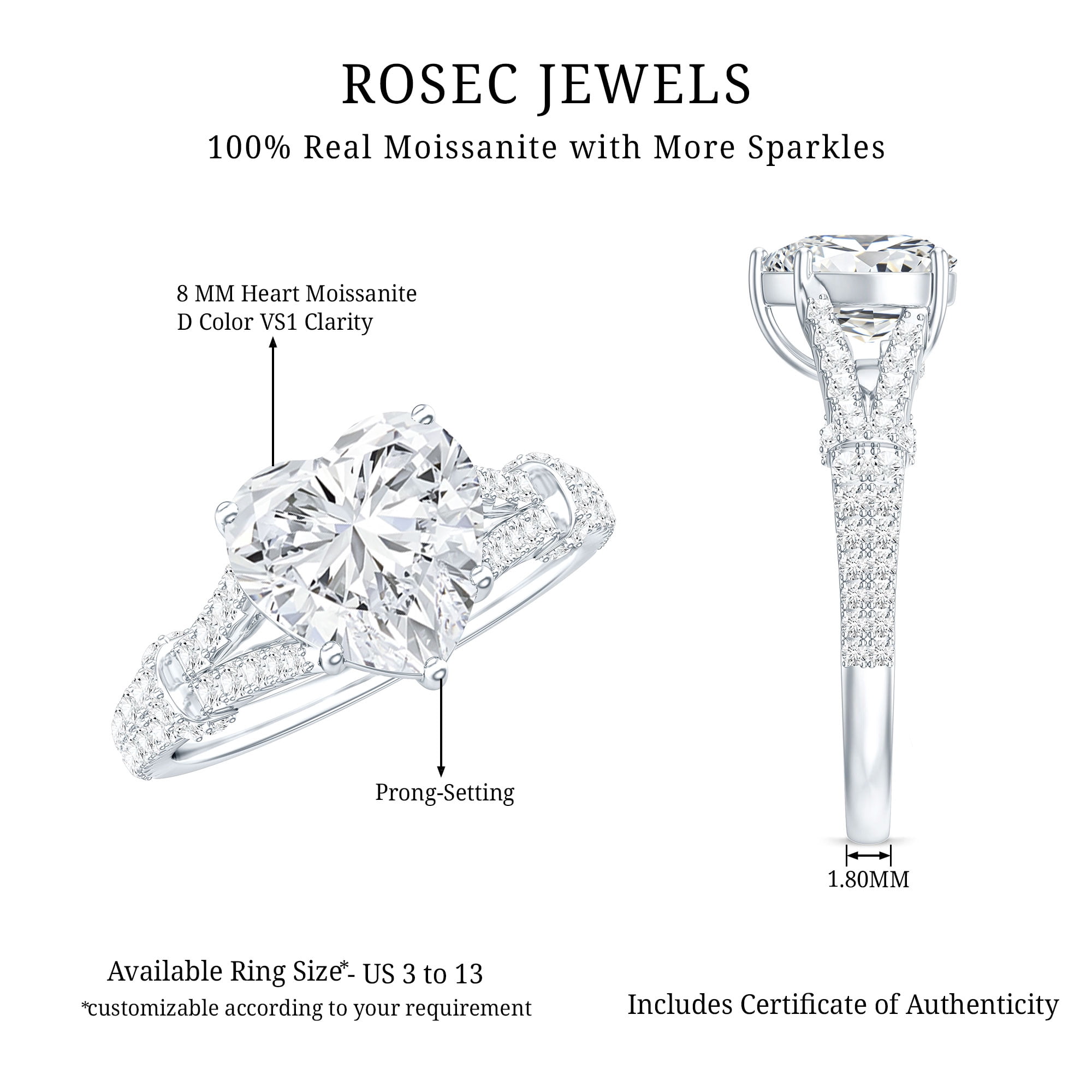 Rosec Jewels 2 Carat Moissanite Heart Engagement Ring for Women (8 mm - D-VS1 Quality) Stamped 925 Sterling Ring - Ready to Gift, US 8.50