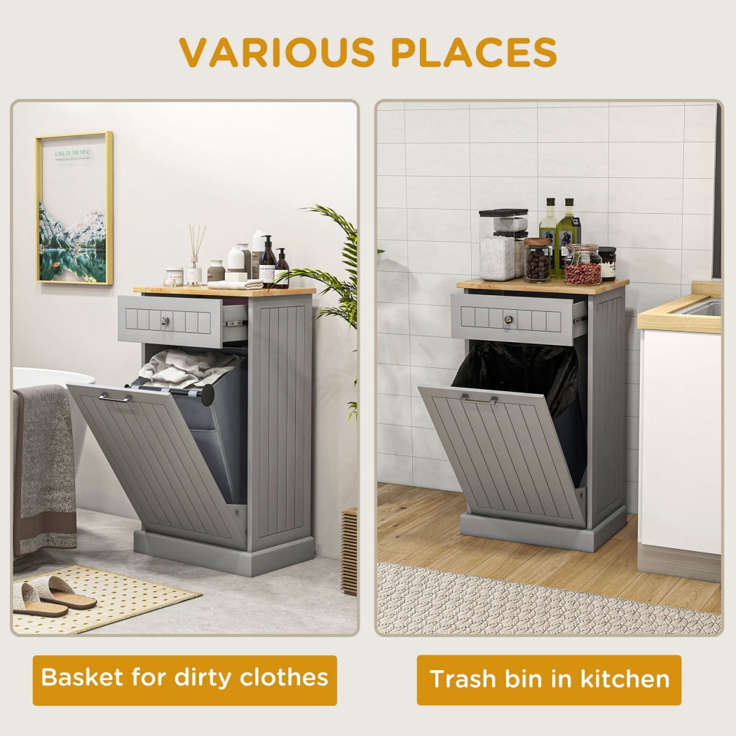 Kitchen Tilt Out Trash Cabinet, Freestanding Garbage Can Storage with Drawer, Recycling Cabinet with Anti-Tip Design, Gray