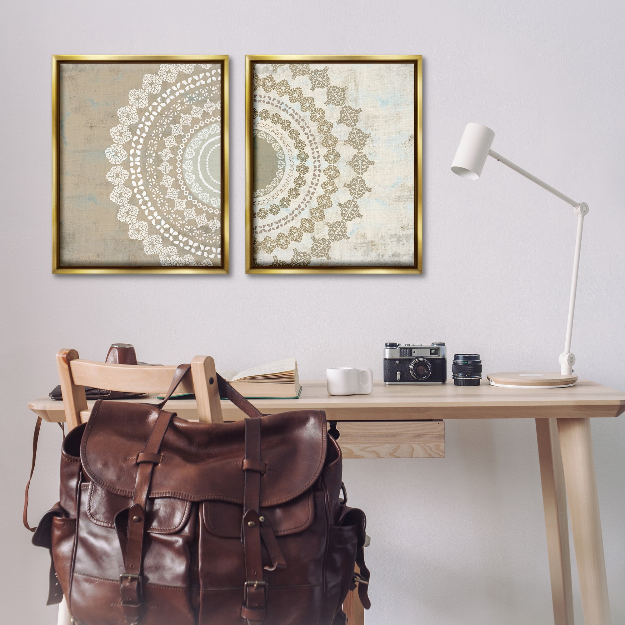 Stupell Industries Rustic Mandala Boho Pattern Abstract Painting Gold Floater Framed Canvas Art Print Wall Art, 25 x 31, Set of 2