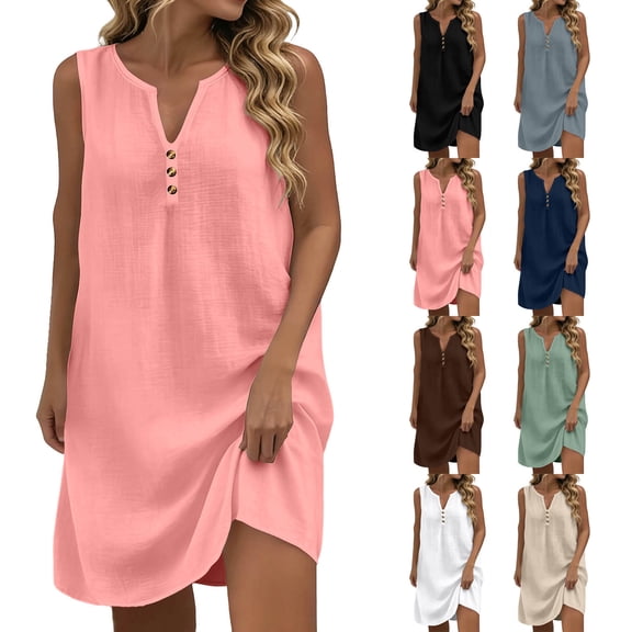 Smsaxvxz Women's Summer Tank Dresses Fashion Solid Button V Neck Sleeveless Casual Loose Mid Sundress Pink M