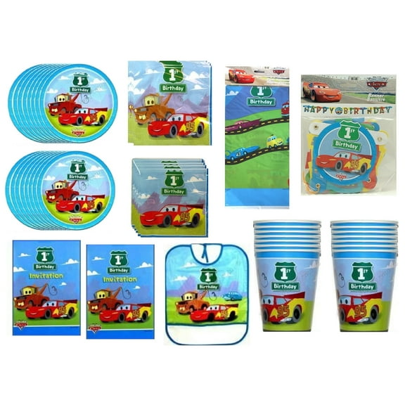Disney Cars 1st Birthday Party Supplies Bundle includes 16 Lunch Plates, 16 Beverage Cake Napkins, 16 Lunch Napkins, 1 Table Cover, 16 Invitations, 16 Paper Cups, 1 Bib, 1 Birthday Banner
