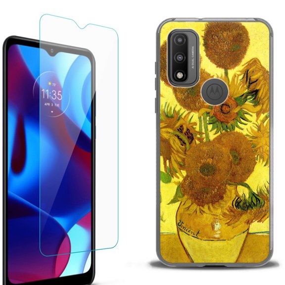 Slim-Fit Protective Phone Case (Black) compatible with Motorola Moto G Pure 5G, with Tempered Glass Screen Protector, by OneToughShield ® - Sunflower