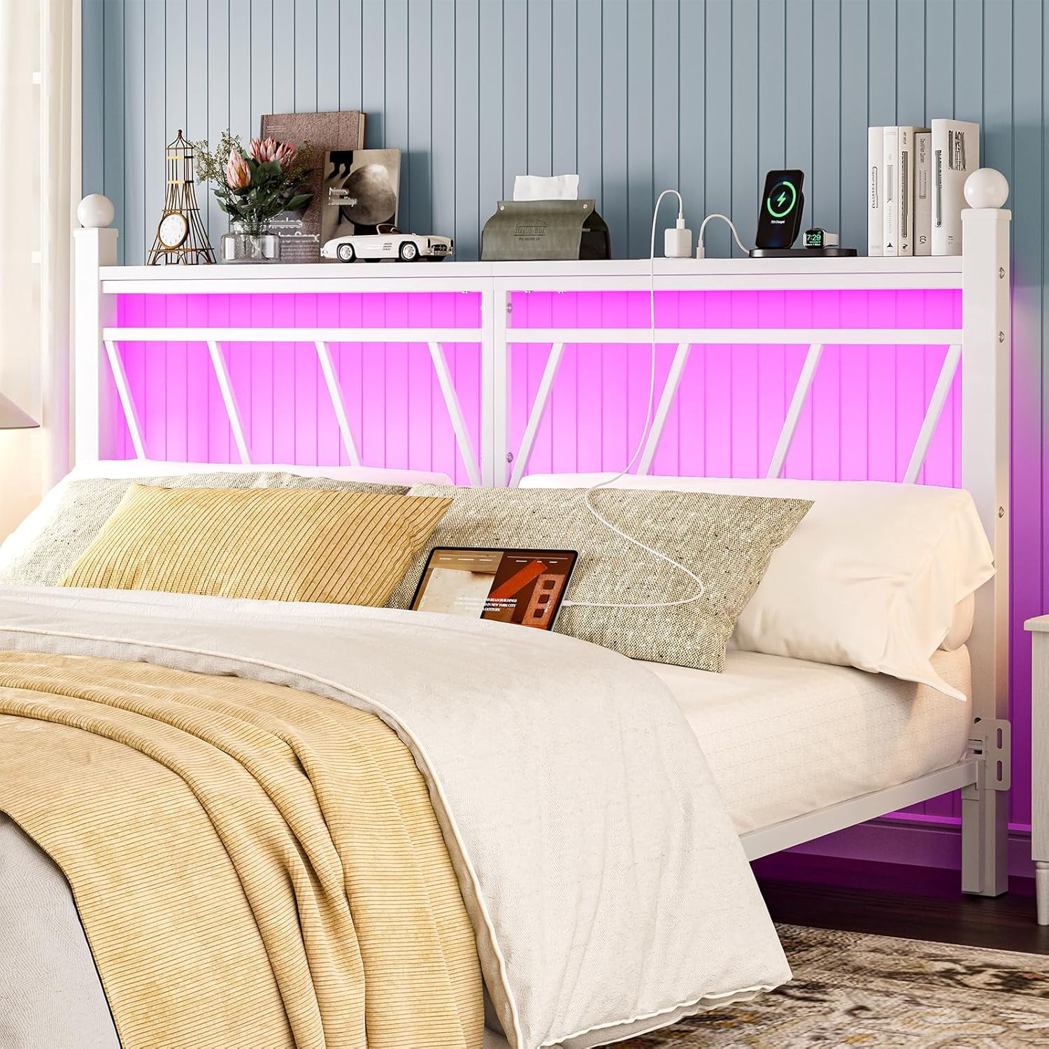 ARICOEASY Metal King Size Storage Headboard with LED Lights, Modern King Head Board with Outlets, USB & Type C Port, Farmhouse Vintage Style, Easy Assembly, White