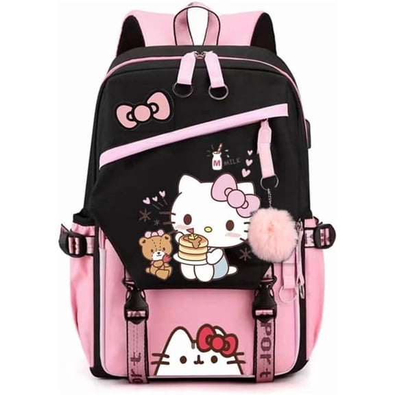 Cute Black Pink Backpack with USB Port, Fashion Laptop Backpack for Women, Large Capacity Travel Bookbag with Multiple Pockets, Water Resistant Casual Daypack for College and Work
