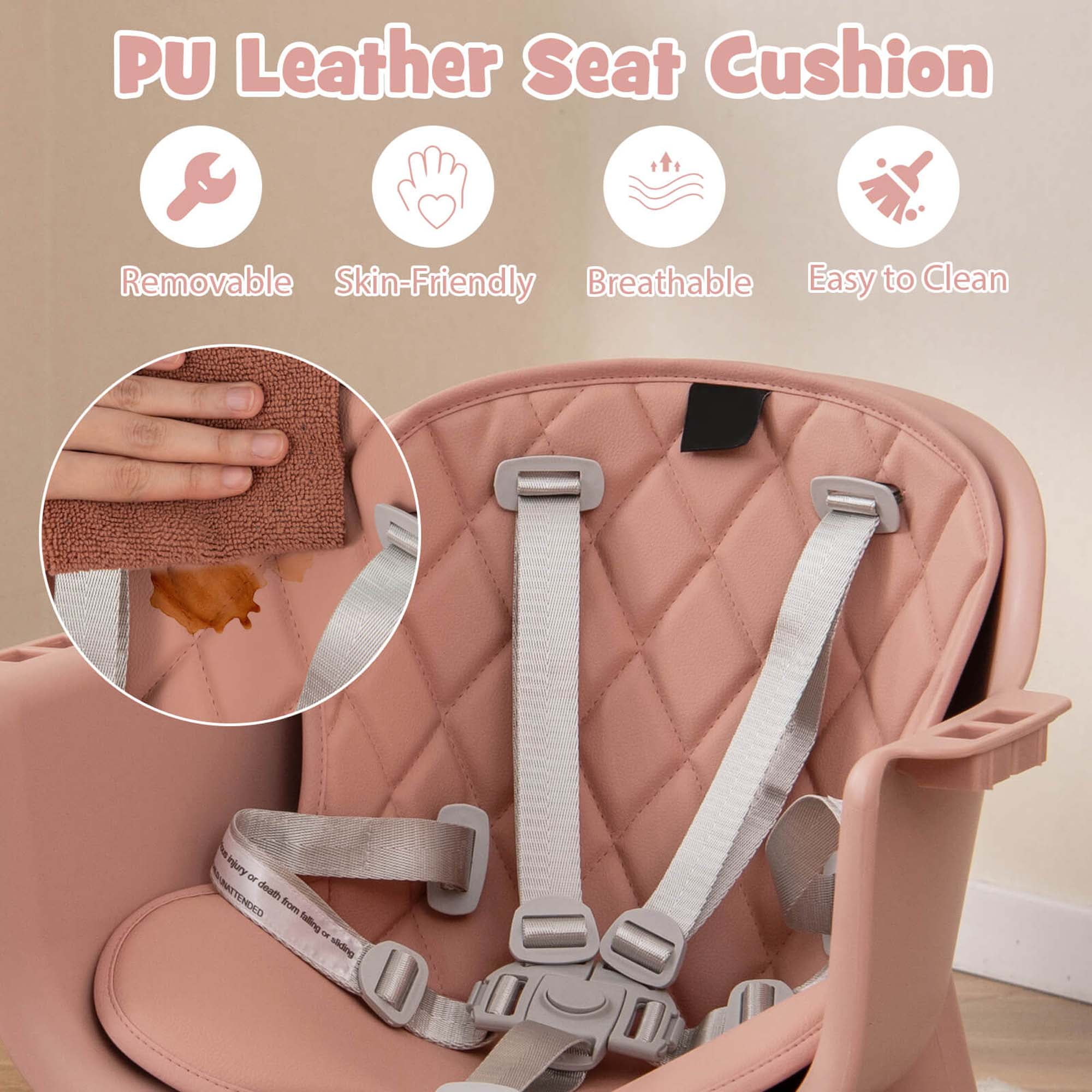 Babyjoy 4 in 1 Baby High Chair Convertible Toddler Table Chair Set with PU Cushion Pink
