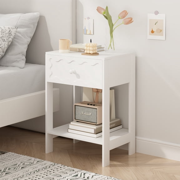 Noble House Modern Nightstand with Wave Pattern Drawer, Bedside Table with Solid Wood Frame, Bedroom, White