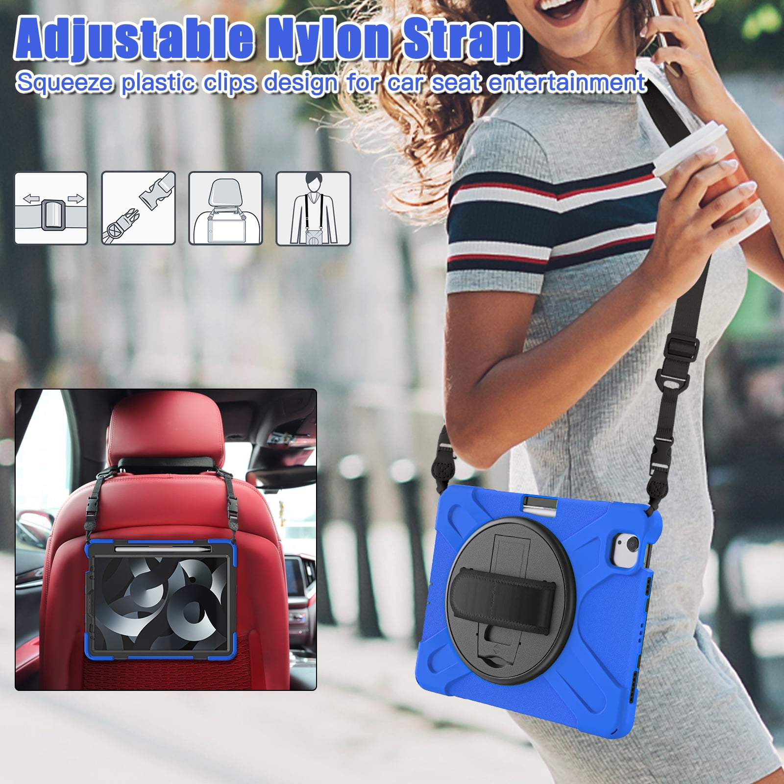 ELEHOLD Case For Apple iPad 11th(A16) 2025/10th Gen 2022, Military Grade Silicone Hybrid Rugged Case with Pencil Holder Rotating Stand Hand/Shoulder Strap,Blue
