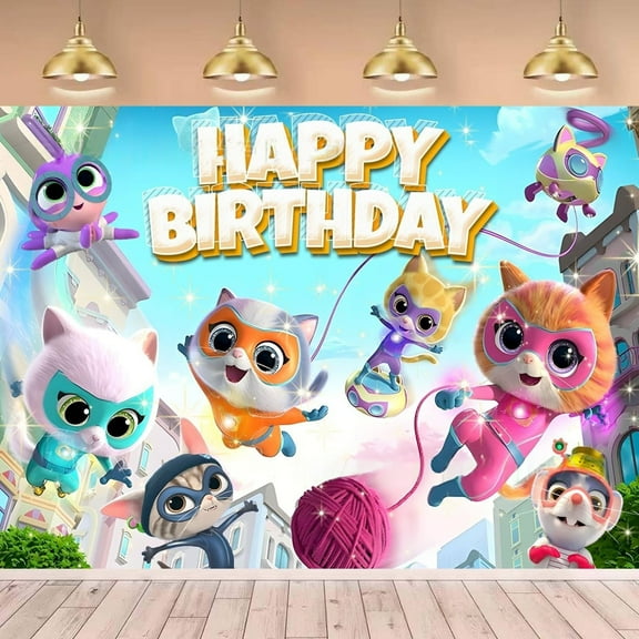 Super Kitty Birthday Anime Theme Backdrops Banner Birthday Party Decor Supplies,5.9x3.6ft