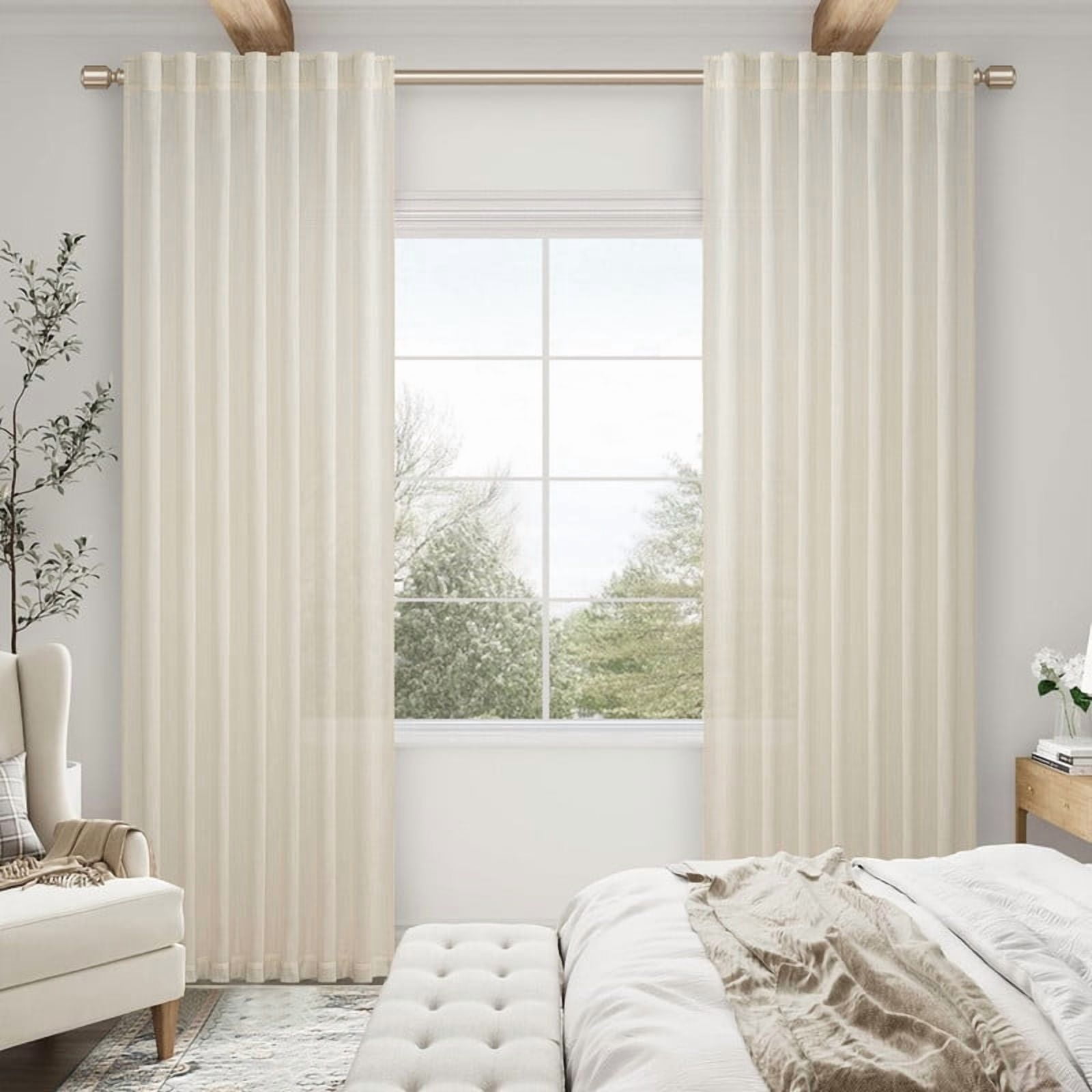 Topfinel Linen Curtains 90 Inch Long for Bedroom Living Room, Soft Linen Textured Window Drapes Semi Sheer Light Filtering Rod Pocket Back Tab Drapes, Birch 2 Panels