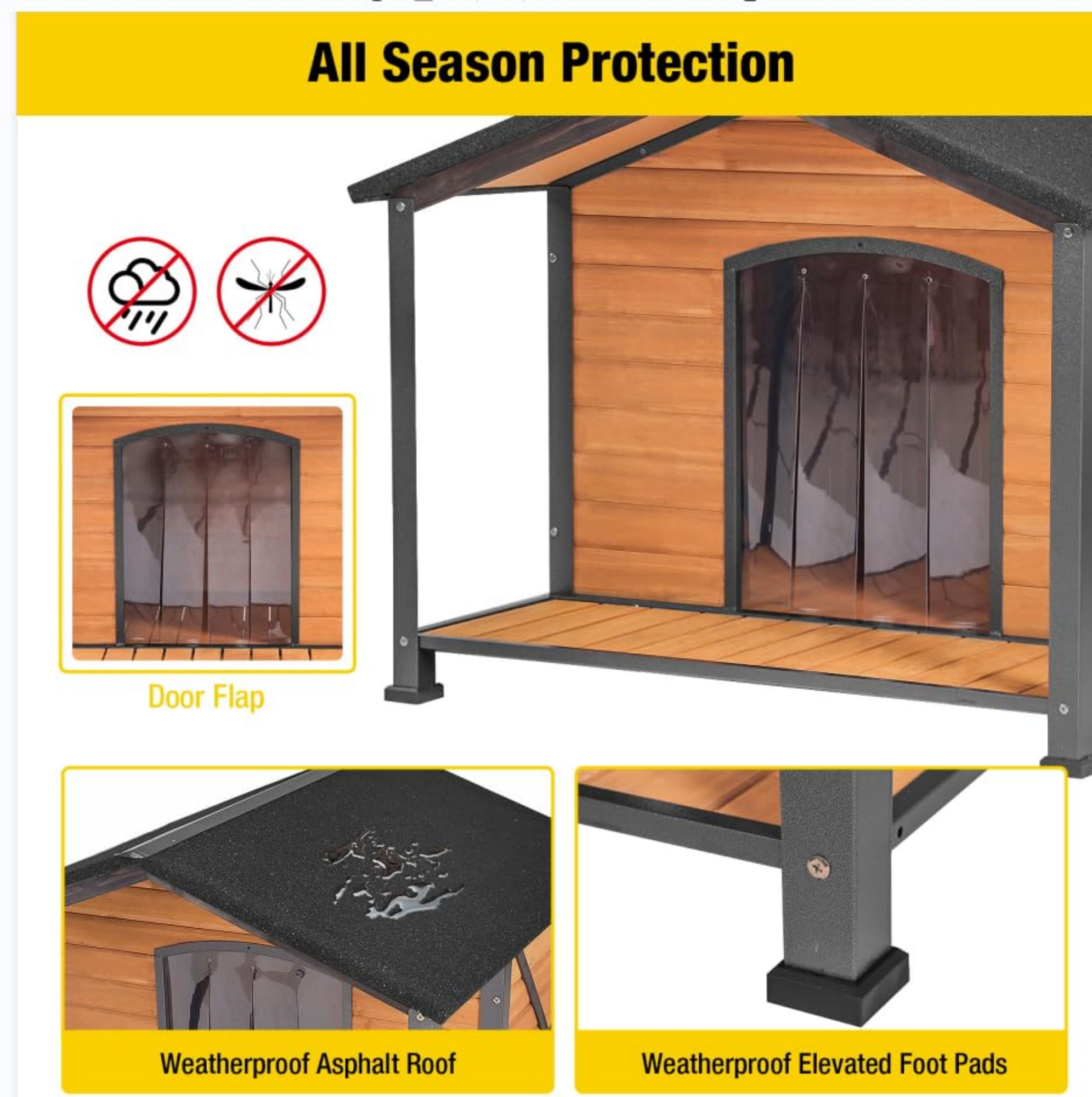 Aivituvin Anti-Chewing Outdoor Dog House with Iron Frame, 34.3"D Weatherproof Wooden Dog Kennels with Large Porch for Outdoor & Indoor, Brown