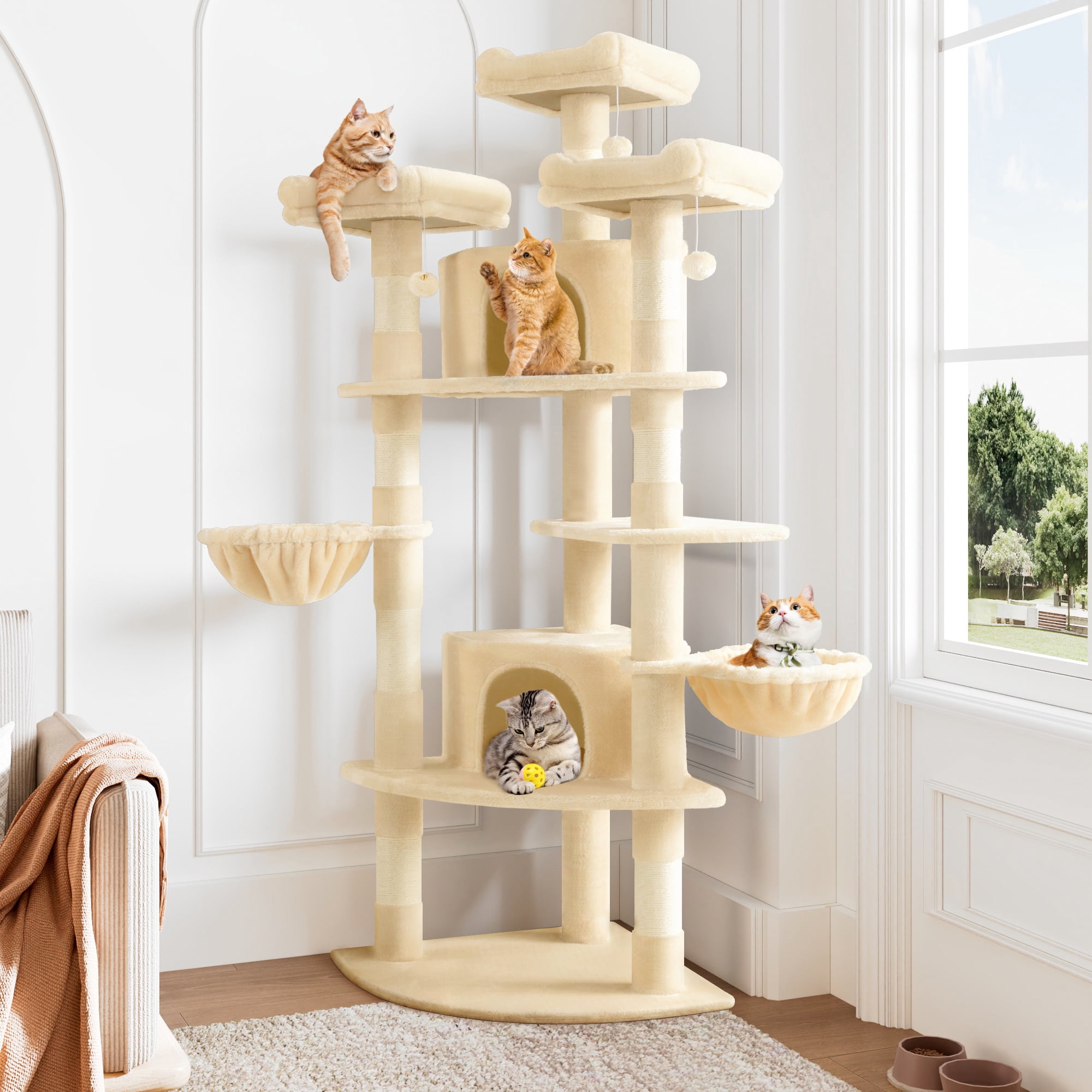 Allewie 73in Fan-Shaped Space-Saving Corner Cat Tower, Multi-Level Tall Cat Tree for Indoor Kitties, Cozy Baskets, Condos, House, Perches, Sisal Scratching Posts, Beige
