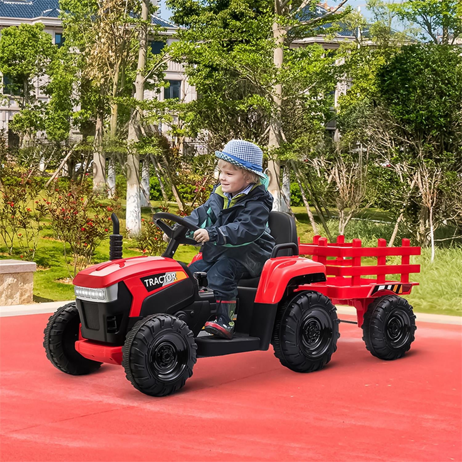 CIPACHO 12V Kids Ride On Tractor with Trailer, Battery Powered Electric Car with Music, USB, LED Lights, Vehicle Toy for 3 to 6 Ages, Red