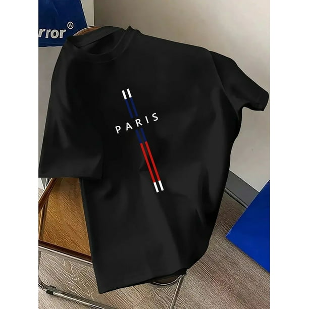 Camiseta con estampado geométrico de París: Camiseta de poliéster con estampado geométrico de París de verano - 1 pieza, top informal de cuello redondo elástico para hombre para adultos