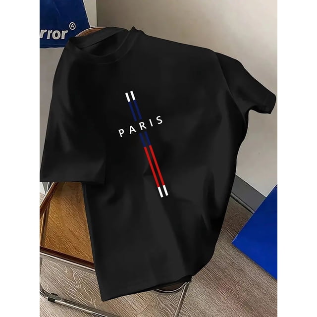 Camiseta con estampado geométrico de París: Camiseta de poliéster con estampado geométrico de París de verano - 1 pieza, top informal de cuello redondo elástico para hombre para adultos