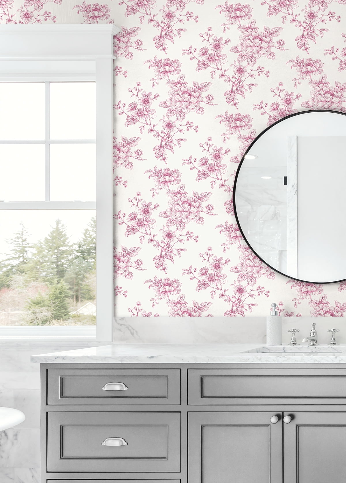 NextWall Pink Sketched Floral Peel and Stick Wallpaper