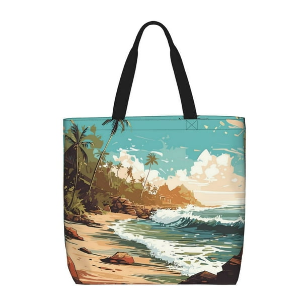 Easygdp Coastal Palm Beach Bolsa Tote para Mujer, Bolso de Hombro para Trabajo, Playa, Viajes, Compras y Supermercado