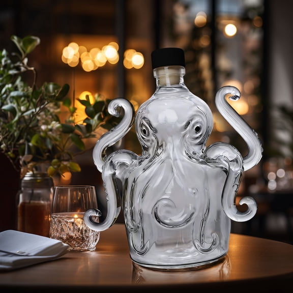 Octopus-Shaped Whiskey Bottle,High Borosilicate Glass Decanter with Cork Stopper,Quirky Desktop Ornament,Multi-Purpose Storage for Wine/Oil/Vinegar