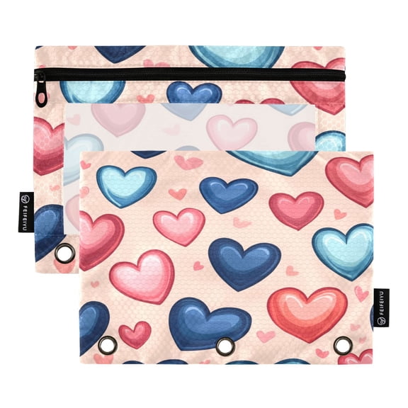 2 Pack 3 Ring Binder Pouch with Clear PVC Window Water Resistant Zipper Pencil Pouch Cartoon Hearts Binder Pocket for Classroom Office Home Stationery Organization