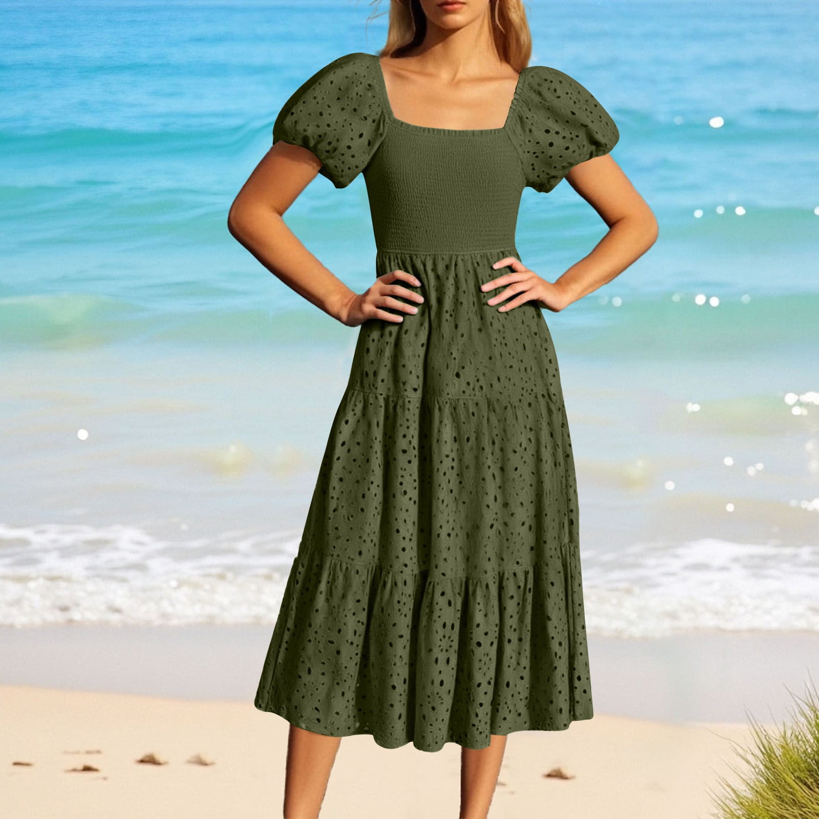 GaThRRgYP Vacation Ready Floral Print Short Sleeve Crew Neck Dress,Women's Casual Printed Pleated Elastic Waist Sleeveless V-Neck Dress Army Green S
