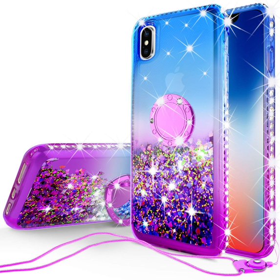 SOGA Rhinestone Liquid Floating Quicksand Cover Cute Girl Phone Case Compatible for Apple iPhone X Case with Embedded Metal Diamond Ring for Magnetic Car Mounts and Neck Lanyard - Blue on Purple