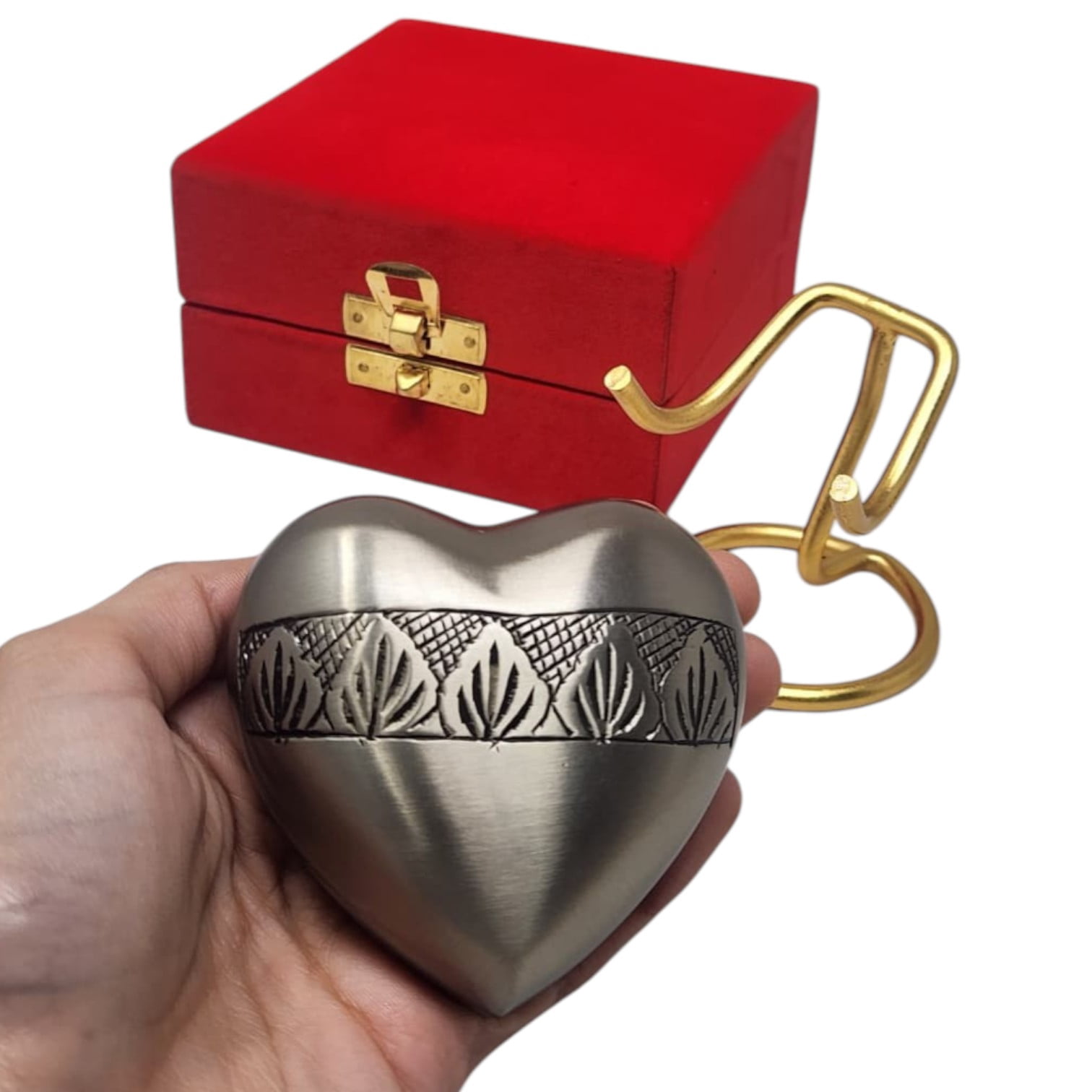 SMIURNS Hand-Engraved Silver Pewter Heart-Shaped Keepsake Cremation Urn for Human or Pet Ashes - Decorative Small Token Urn  with Leaf Motif - Display Stand and Velvet Gift Box