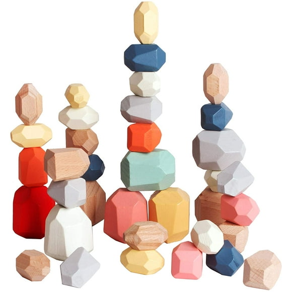 TORUBIA 36 Pcs Multicolored Wooden Stones Balancing Blocks- Rainbow Wood Building Toys Balancing Stones Stacking Rock Blocks for Learning & Game for Kids Toddlers