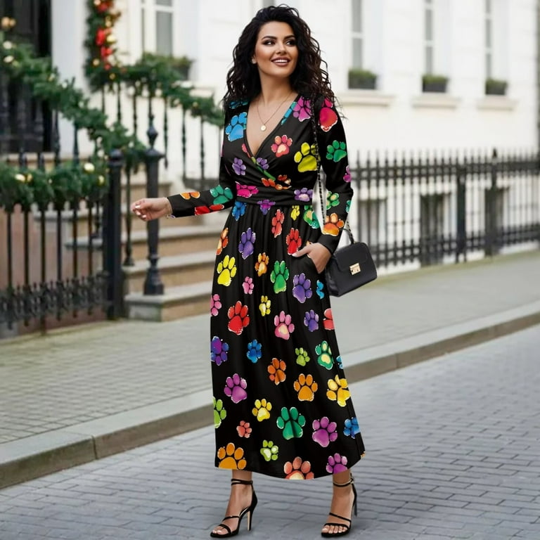 Fkelyi Colorful Dog Paw Print Long Sleeve Maxi Dress for Women V-Neck Soft Casual Dress Flowy A-Line Dresses with Side Pockets for Party Wedding, 2XL,