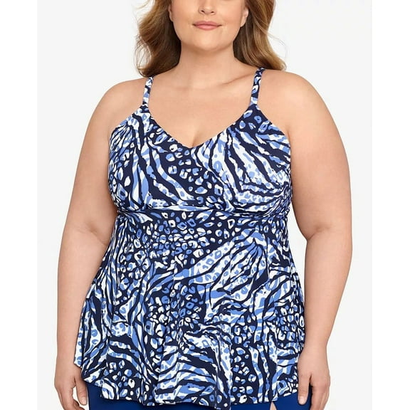 Swim Solutions NAVY MULTI Plus Size Printed V-Neck Tankini Swim Top, US 16W