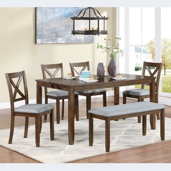 FFZ 6-Piece Dining Set with Rectangular Table, 4 Chairs and Bench, Seats 6, Walnut