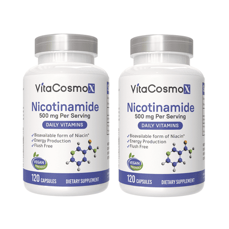 2 Pack VitaCosmoX Nicotinamide 500 mg 120 Caps – Flush-Free Niacinamide AKA Vitamin B3 Niacin for Skin Health & Cellular Support