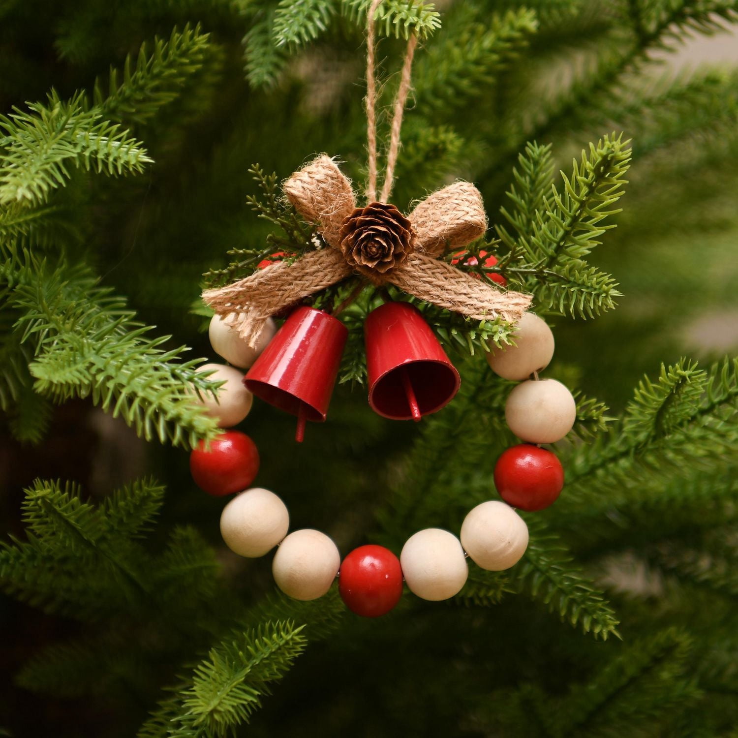 Holiday Time Winter Chalet Beaded Wooden Wreath With Bell Christmas Ornament, Red