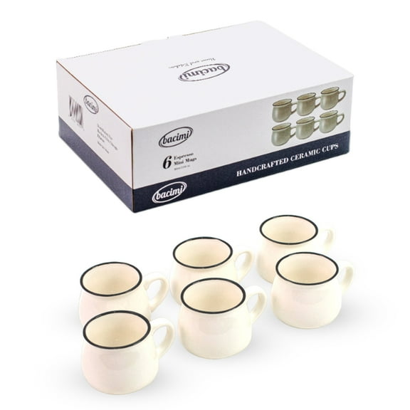 Bacimi Mini Ceramic Coffee Mugs Set of 6 / 3oz / 90ML - Small Drinking Cups with Handle - Dishwasher & Microwave Safe - Diner Style Modern Mugs for Coffee, Tea, Espresso, Cocoa, Milk & Latte - White