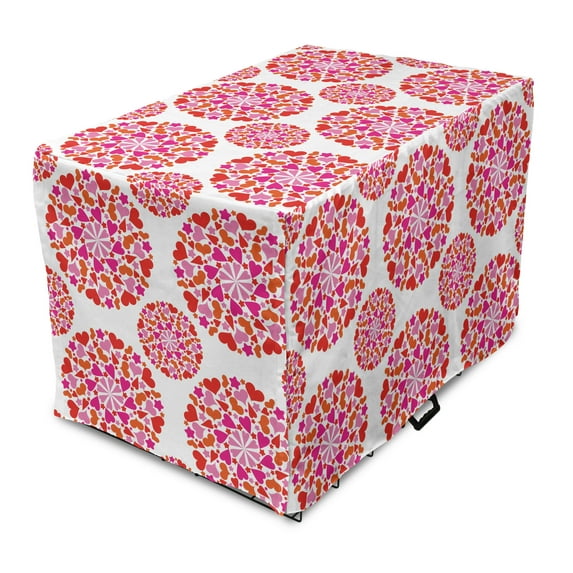 Valentine's Day Dog Crate Cover, Romantic Love Theme of Vibrant Hearts in Circle Forms, Easy to Use Pet Kennel Cover Small Dogs Puppies Kittens, 7 Sizes, Vermilion Pink, by Ambesonne