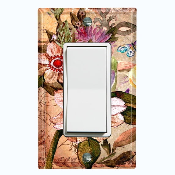 Metal Light Switch Plate Cover Antique Floral Butterfly Stamp Damask FLW095