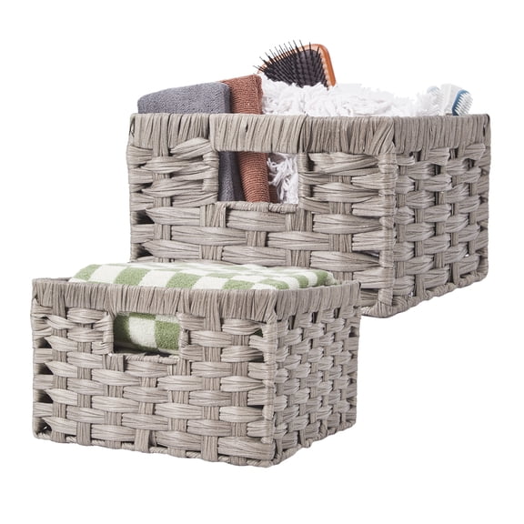 Volkmi Wicker Storage Basket, Decorative Woven Baskets for Storage, Waterproof Baskets Organizer, Wicker Basket for Organizing, 2-Pack Gray