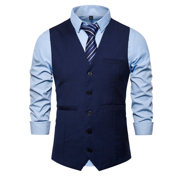 Chaqueta de Traje de Ocio de Bolsillo sin Cuello en V de Color Sólido sin Mangas, Trajes de Hombre de Ajuste Delgado para el Uso Formal Informal