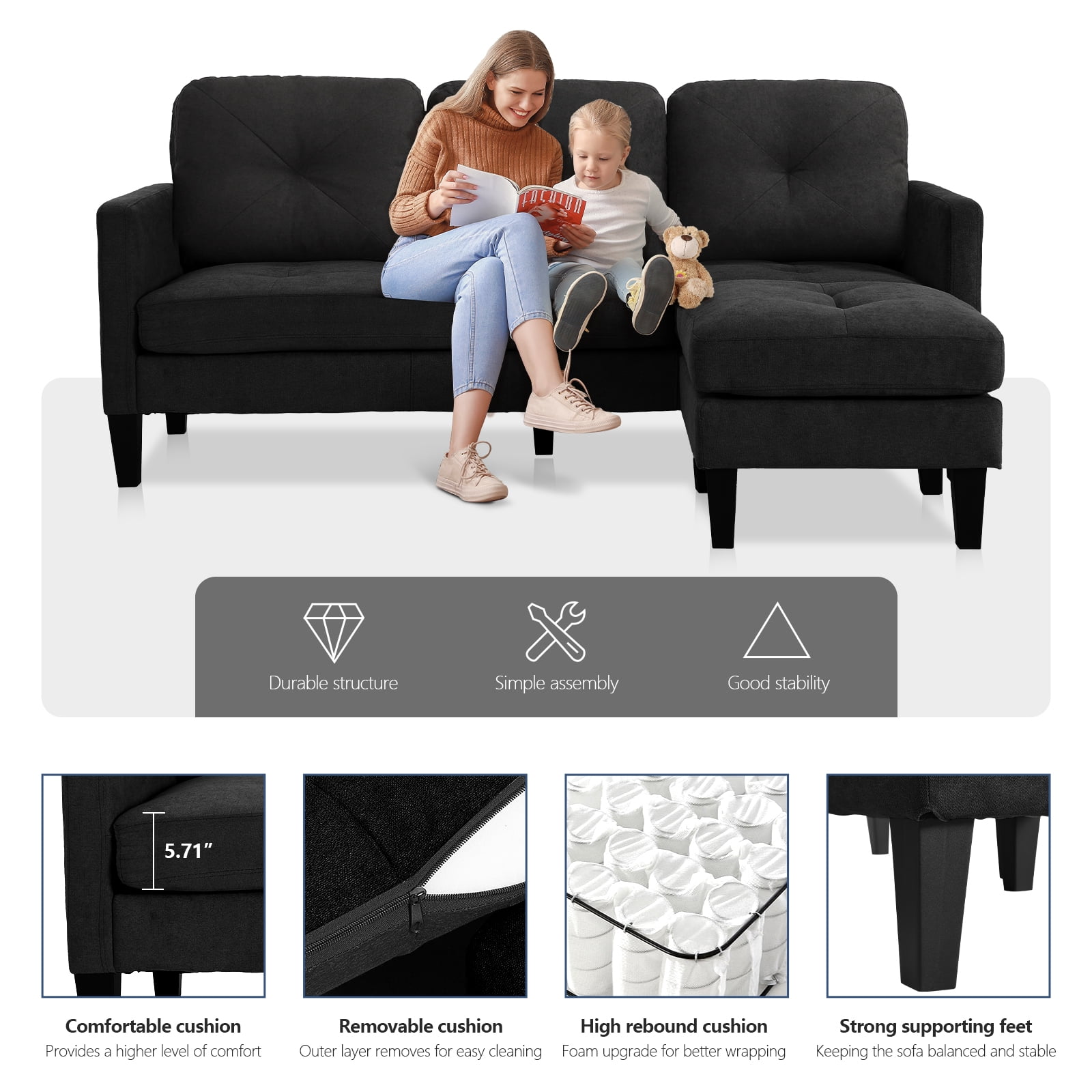 Haverchair Modern Sectional Sofa Couch with Reversible Chaise L-Shaped Couch for Living Room,BLACK