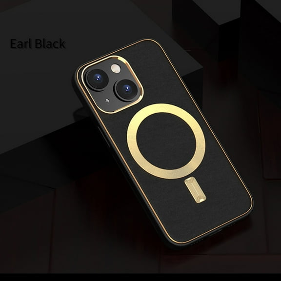 For Apple iPhone 14 (6.1") PU Leather MagSafe Compatible with Gold Trim & Raised Camera Protection Hybrid Cover ,Xpm Phone Case [ Black ]