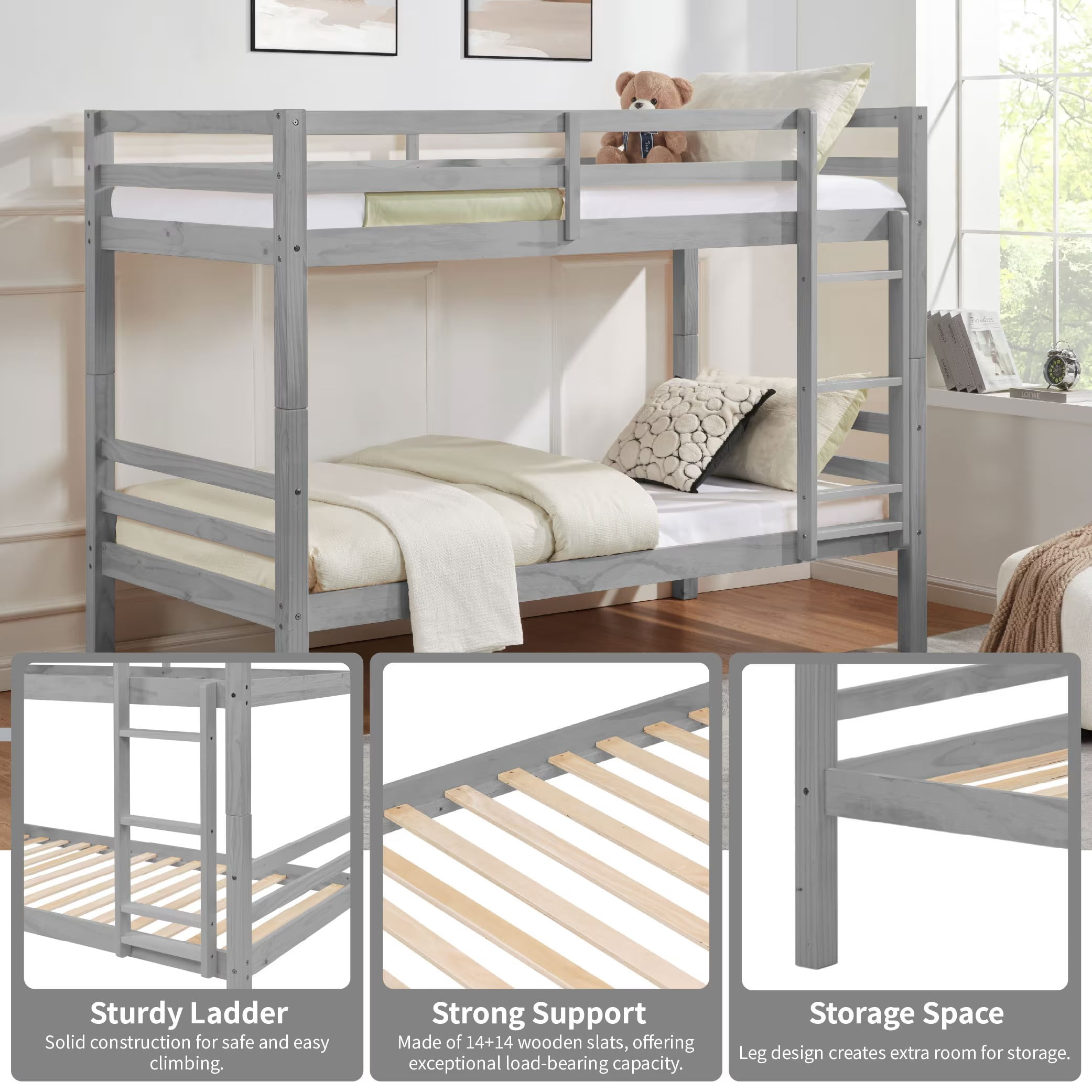 Twin Over Twin Bunk Bed, Solid Wood Bunk Bed Frame with Thick Posts, High Guardrails and Ladder, Heavy Duty Wooden Slats, No Box Spring Needed for Kids, Teens, Guest Room, Grey