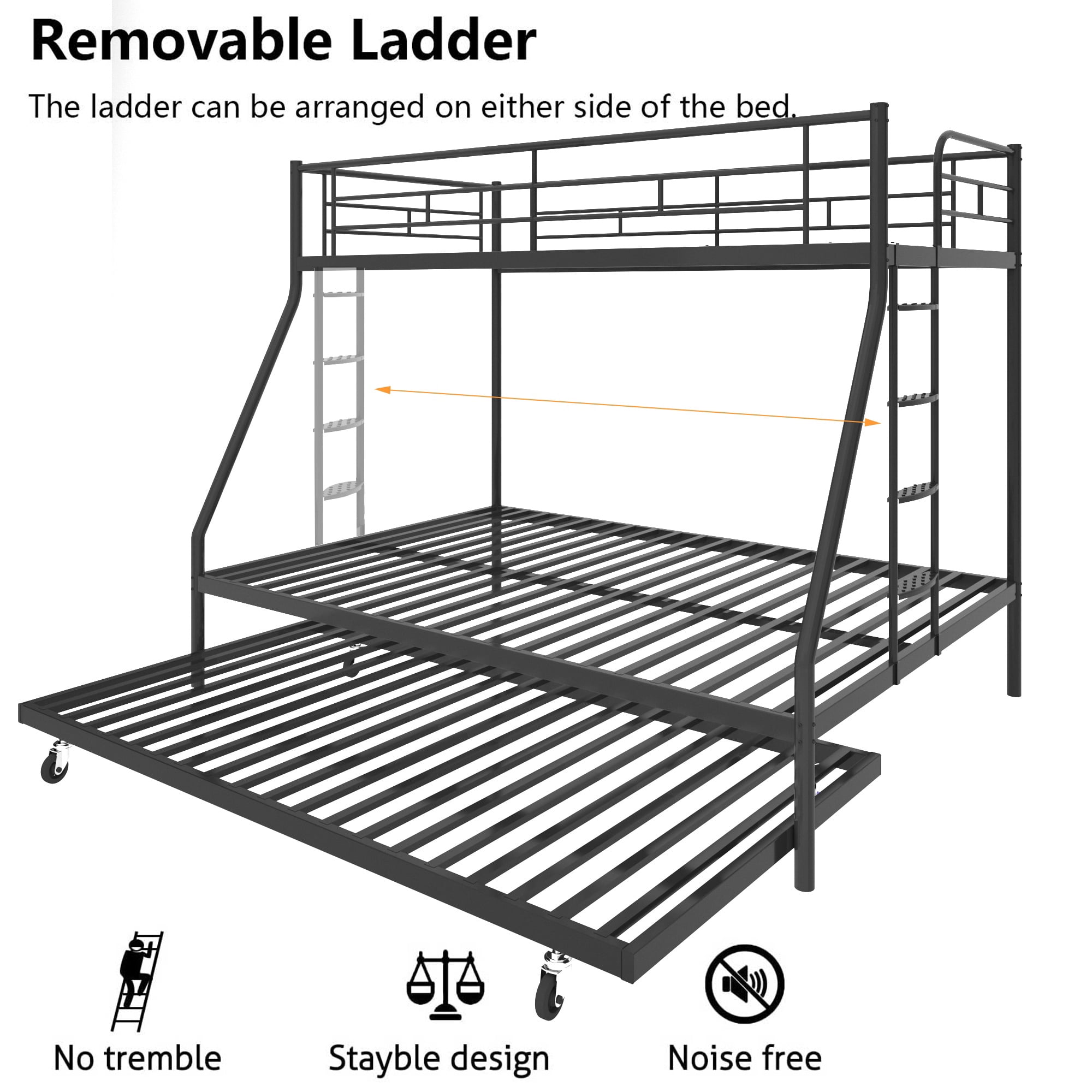 Triple Bunk Bed Twin over Full with Trundle Metal Bunk Bed for Kids,Adults,Heavy Duty Bunk Bed with Full-Length Guardrail,Comfortable Step,Easy to Assemble,for 3