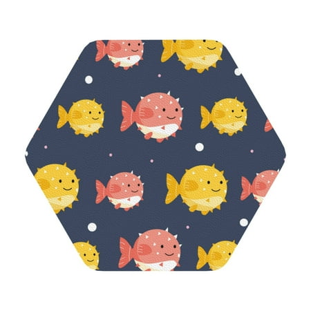 

Gaeub Cute Puffer Fish Print 6 Pcs Leather Coasters for Drinks Drink Coasters Sets Drink Table Cup Coasters for Living Room Kitchen Coffee Decor Hexagon