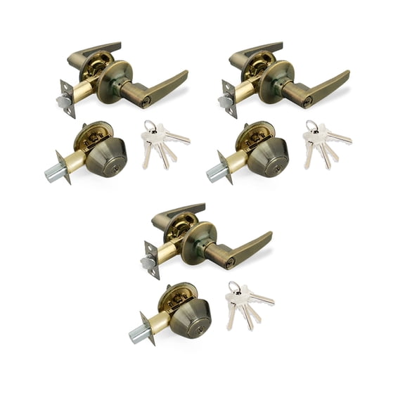 Antique Brass Entry Lock Set Door Lever Handle and Deadbolt Keyed Alike SC1 Keyway. 12 Total Keys, Keyed Alike by Set