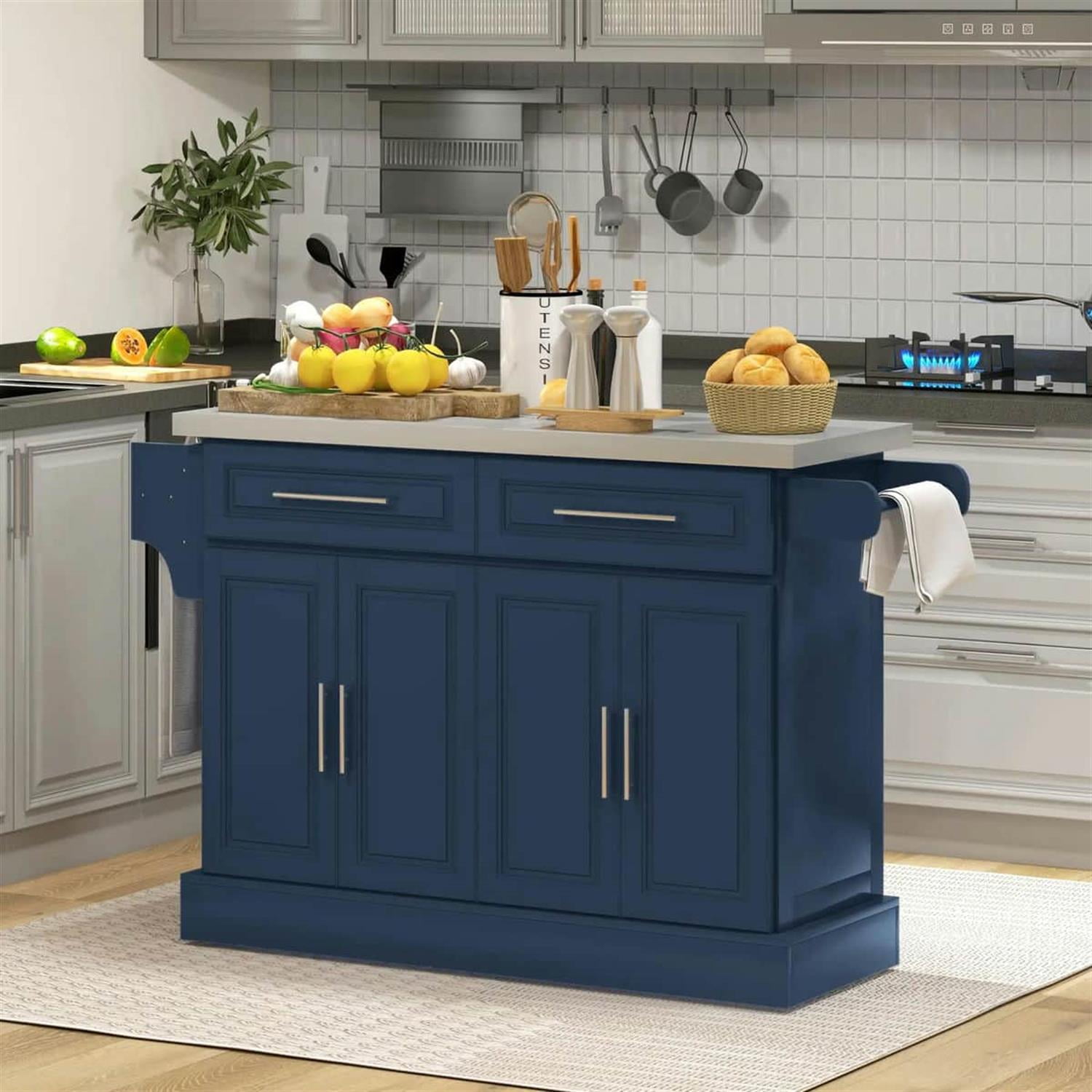 Demi Bonn 57" Rolling Kitchen Island with Stainless Steel Top, 2-Drawer Storage, Spice & Knife Rack, Mobile Island Cart for Cooking & Dining, Blue