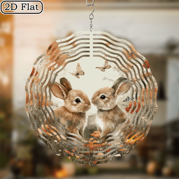 1pc Two cute rabbit wind turbines, kinetic metal garden decoration, floating effect, very suitable for outdoor and home decoration, unique gift idea