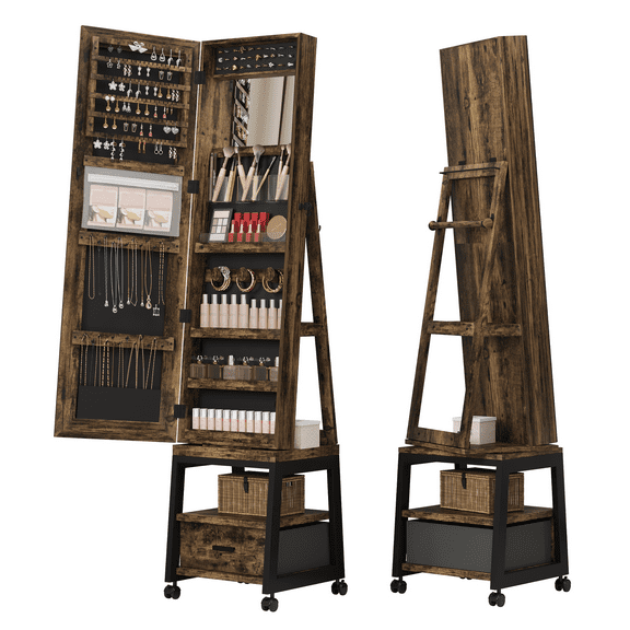 Roromall 360° Swivel Jewelry Cabinet with LED Lights,Inside Makeup Mirror,Rotatable Full Length Mirror with Jewelry Storage,Lockable Standing Jewelry Armoire Organizer with Drawer and Wheels