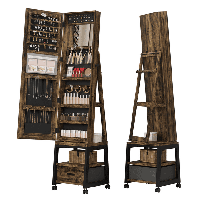 360 Espejo Giratorio Gabinete De Joyería Con Led, De Pie Espejo De Longitud Completa, Cajón Y Ruedas Armario Organizador, Almacenamiento De Joyería Bloqueable
