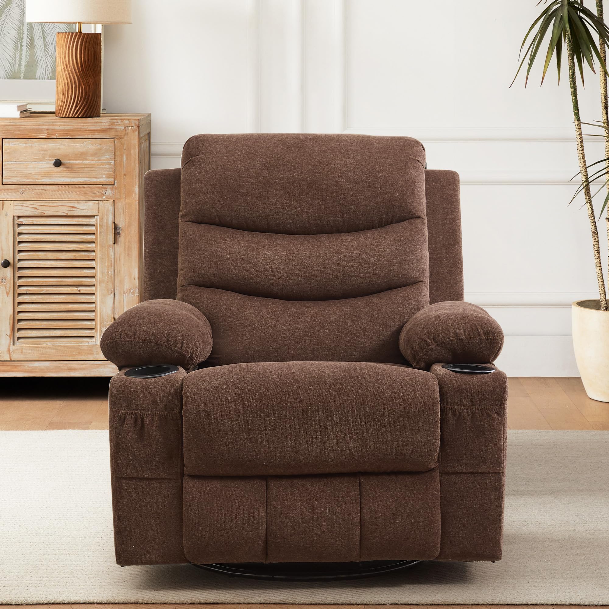 Recliner Chair Nursery, Oversized Manual Reclining Rocking Chair, 360 Swivel Glider with Cup Holder, Massage and Heat Recliner, Indoor Small Single Sofa Chairs for Adults RV Bedroom, Beige/Grey/Brown