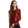thumbnail image 2 of Jowowha Women Shiny Glossy Long Sleeves Yoga Shirt Top T-Shirt Fitness Workout Compression Tee Blouse Burgundy XL, 2 of 7