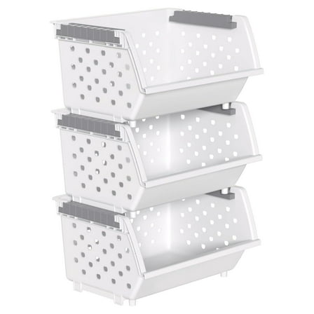 Plastic Stacking Bins, Stackable Storage Basket, White, Set of 3